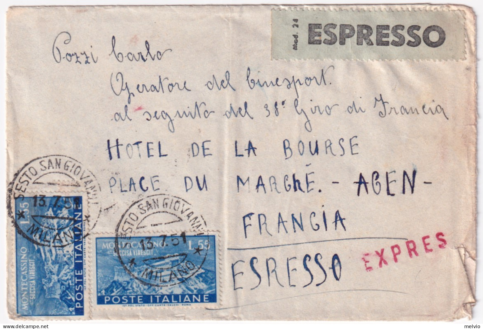 1951-Montecassino Due Lire 55 (665 X2) L'esemplare D'angolo Presenta Un Paio Di  - 1946-60: Storia Postale