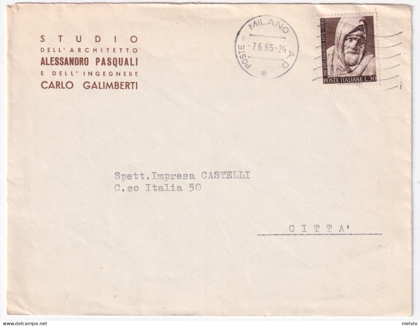 1965-Michelangiolesca Lire 30 (977) Isolato Su Busta - 1961-70: Poststempel