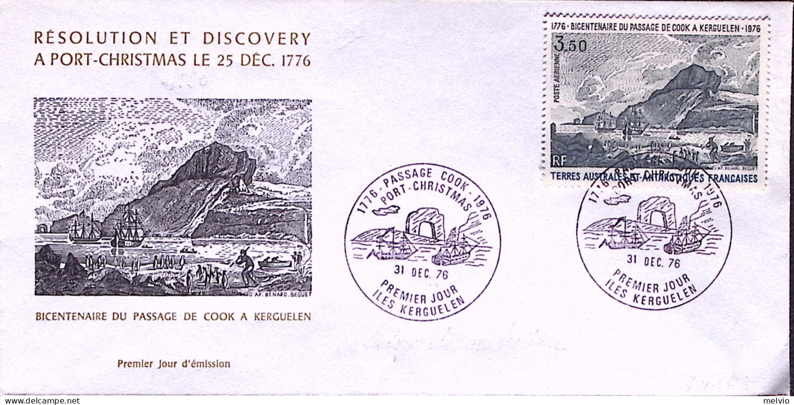 1976-TERRE ANTARTICHE ED AUSTRALI FRANCESI Passaggio Cook Isolato Kerguelen Su F - FDC