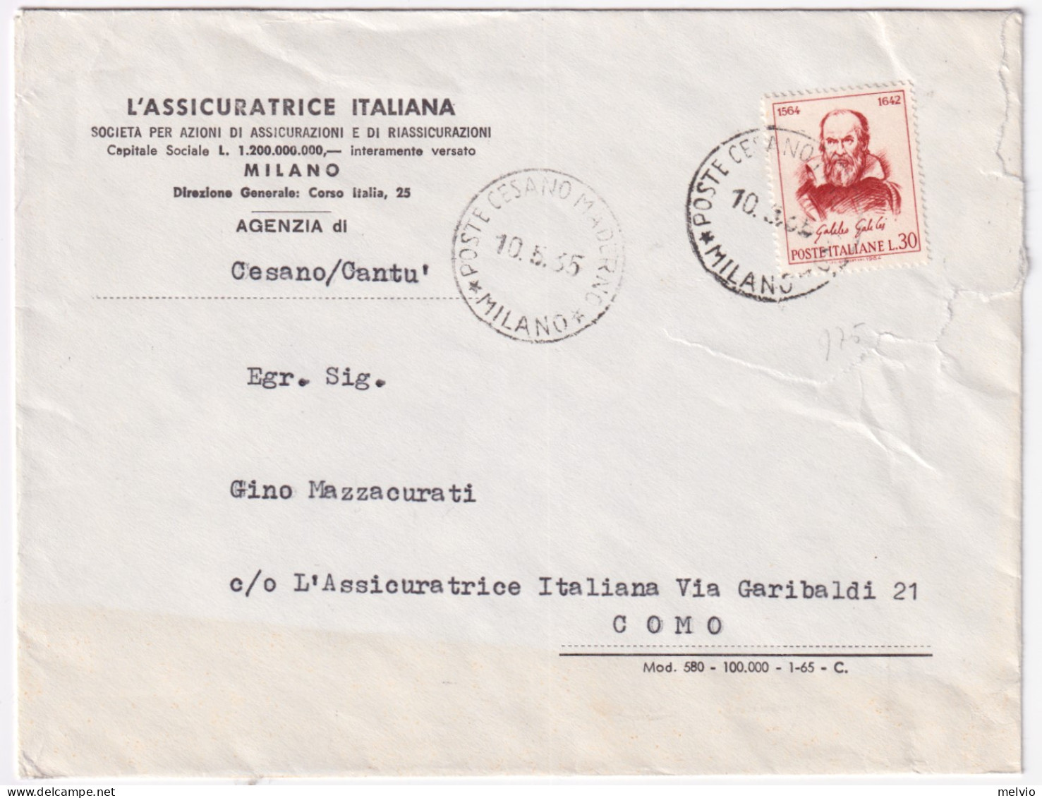 1965-G. GALILEI Lire 30 (975) Isolato Su Busta - 1961-70: Poststempel