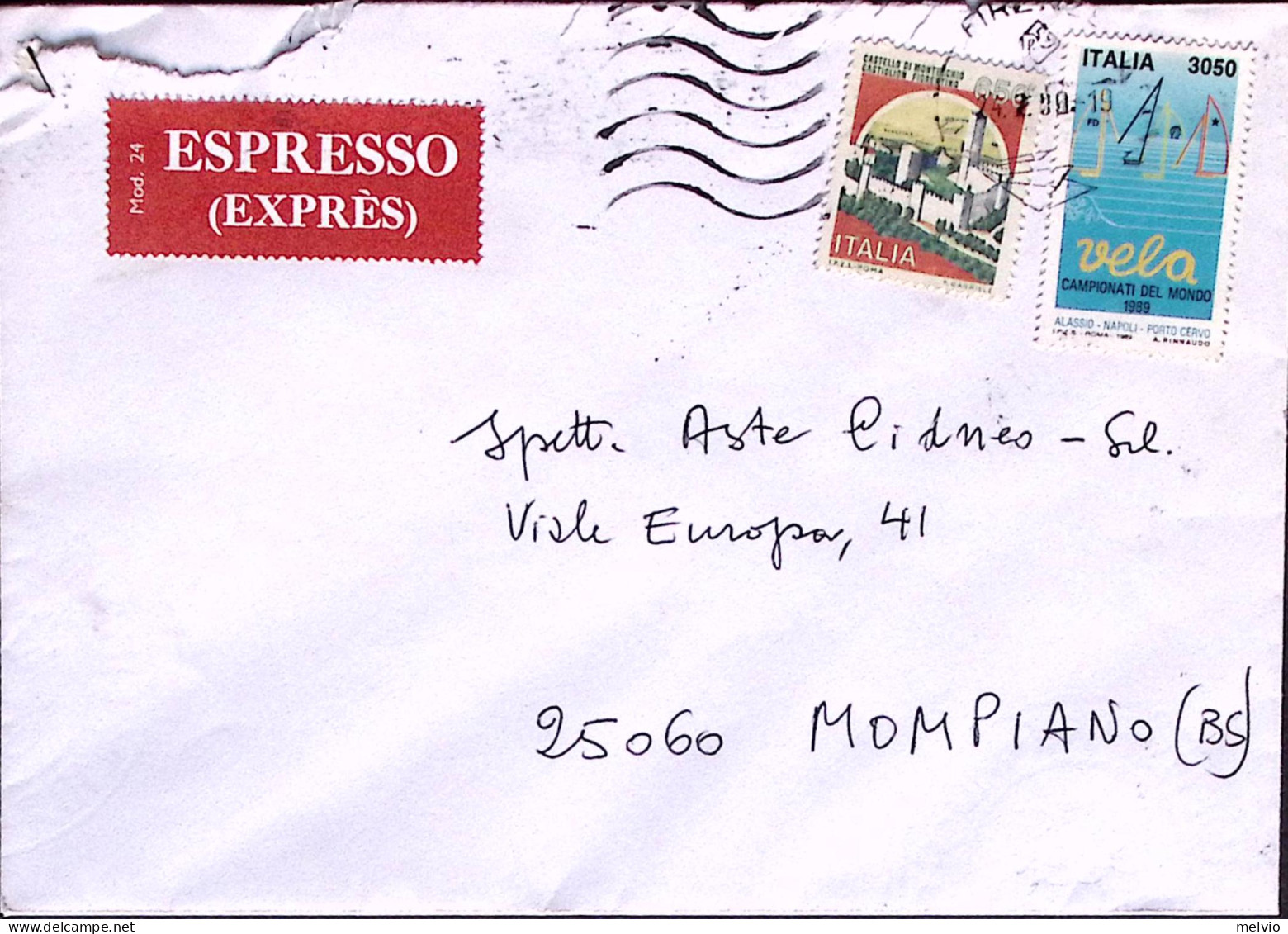 1990-CAMPIONATI MONDIALI VELA + CASTELLI Lire 650 Su Espresso Firenze (26.2) - 1981-90: Marcophilie