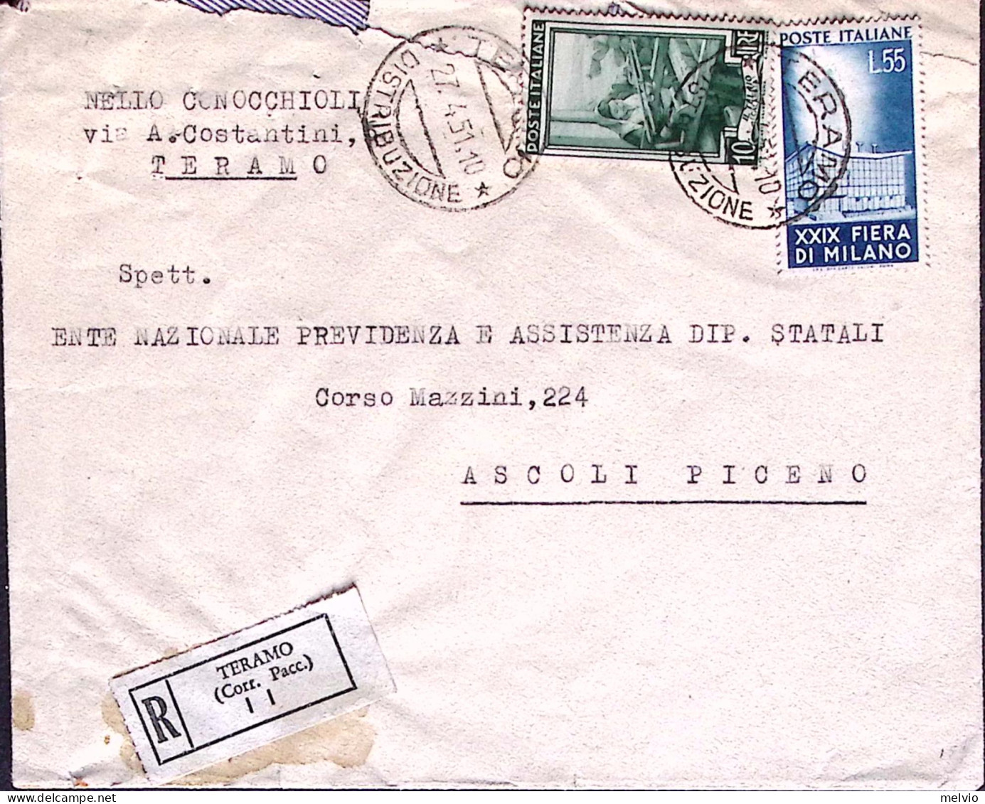 1951-FIERA MILANO Lire 55 + IT. LAV. Lire 10 Su Raccomandata Teramo (27.4) - 1946-60: Storia Postale