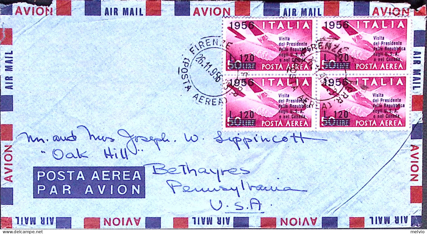 1956-posta Aerea Visita Presidente Negli U.S.A. Blocco 4 Su Busta Via Aerea Fire - 1946-60: Storia Postale