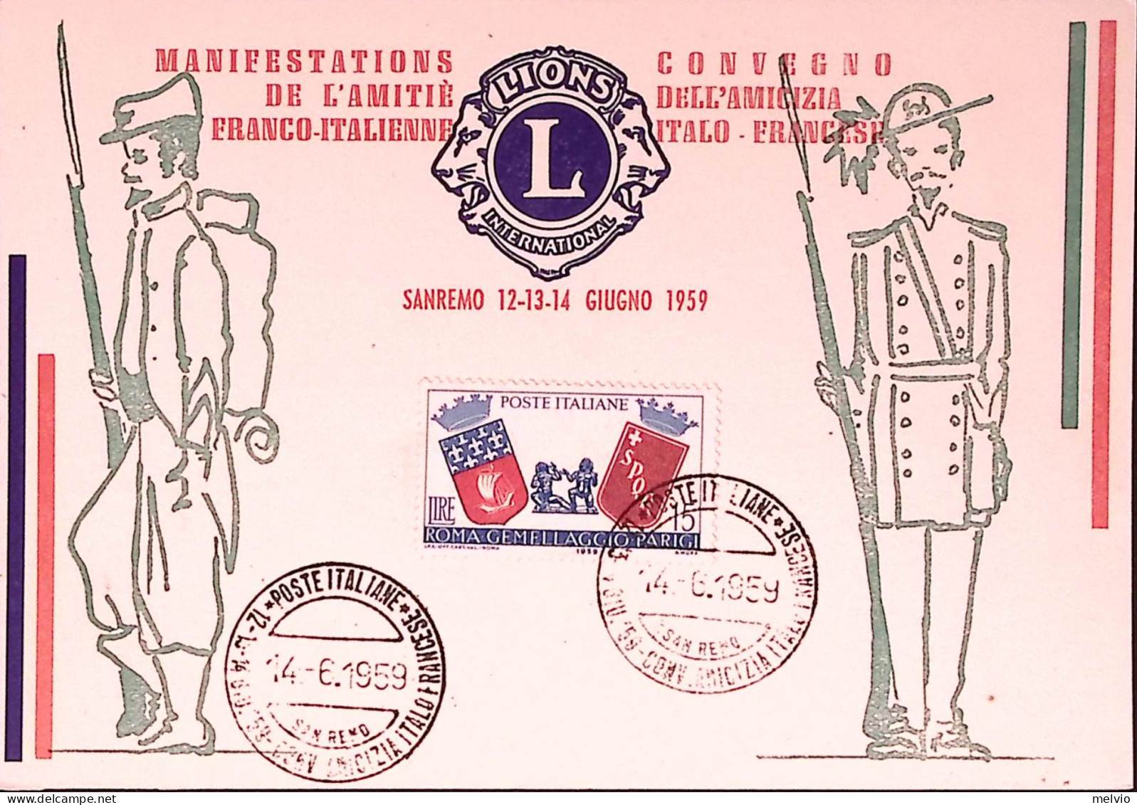 1959-AMICIZIA ITALO FRANCESE Lion's Club Annullo Speciale Sanremo (14.6) - Expositions