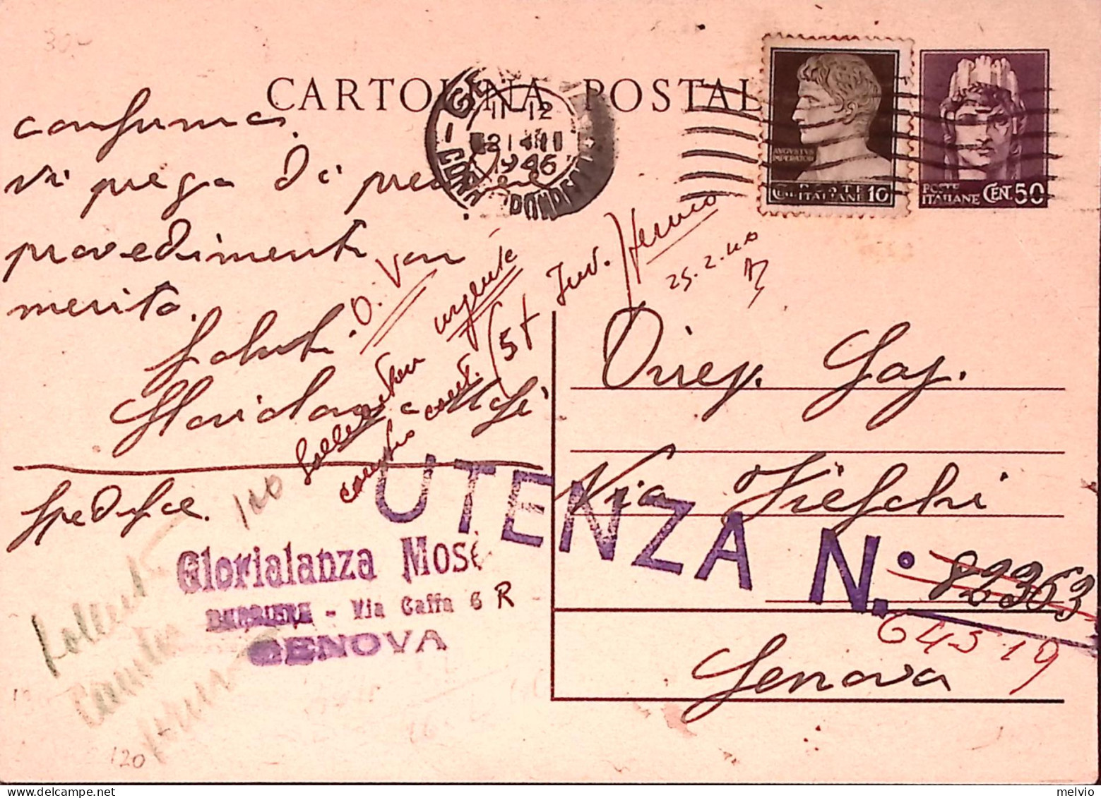 1946-Imperiale Senza Fasci C.10 (536) Su Cartolina Postale C.50 (C120) Genova (2 - 1946-60: Storia Postale