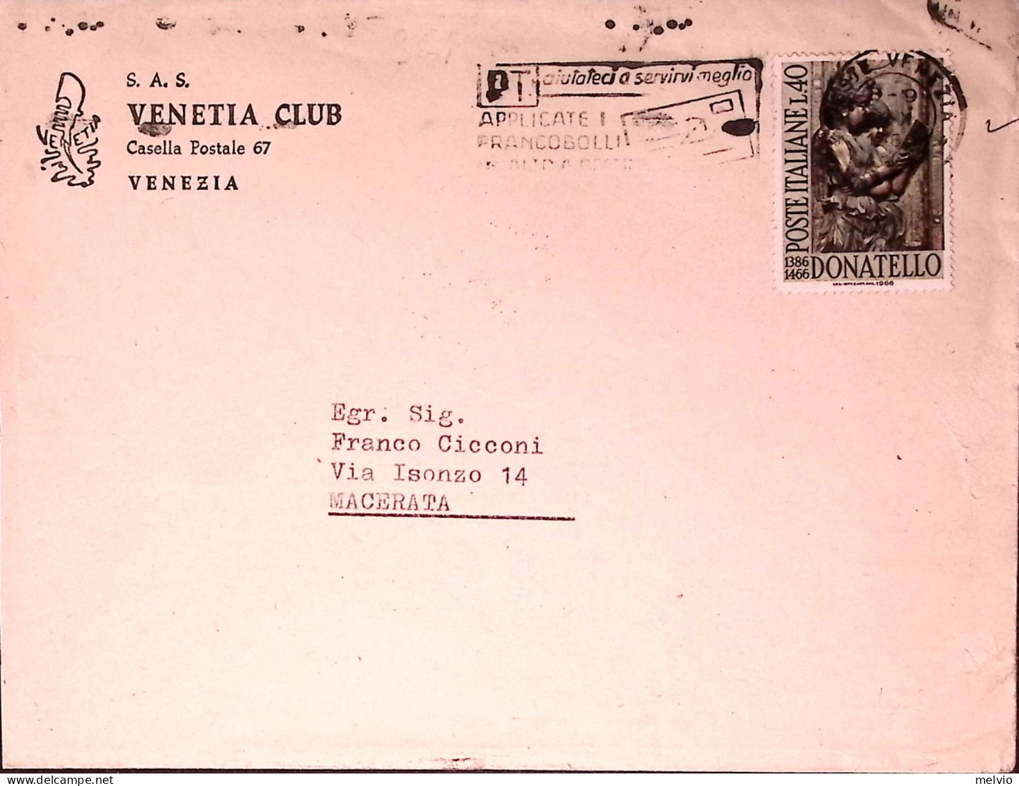 1966-DONATELLO Lire 40 Isolato Su Busta - 1961-70: Poststempel