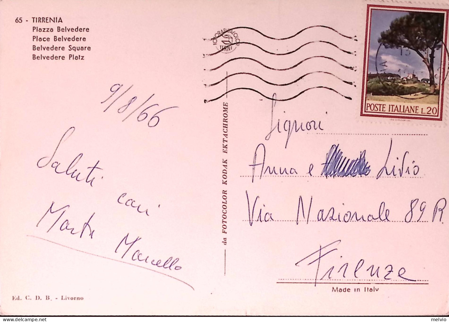 1966-TIRRENIA P.zza Belvedere Viaggiata Con Floreale Lire 20 - 1961-70: Poststempel