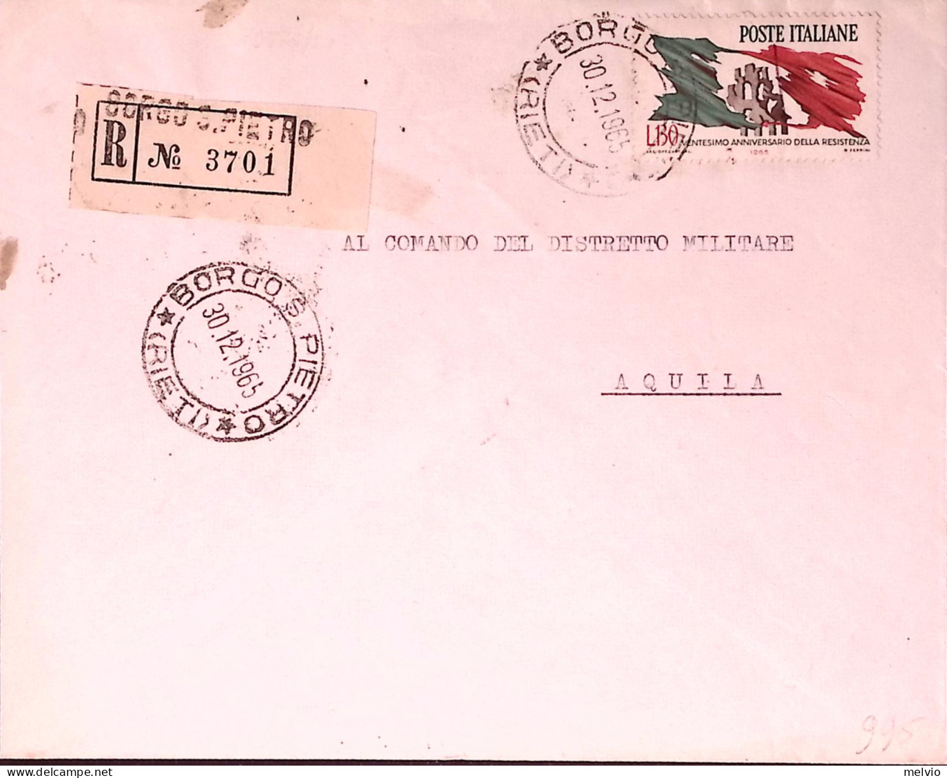 1965-XX RESISTENZA Lire 130 Isolato Su Raccomandata - 1961-70: Marcophilie