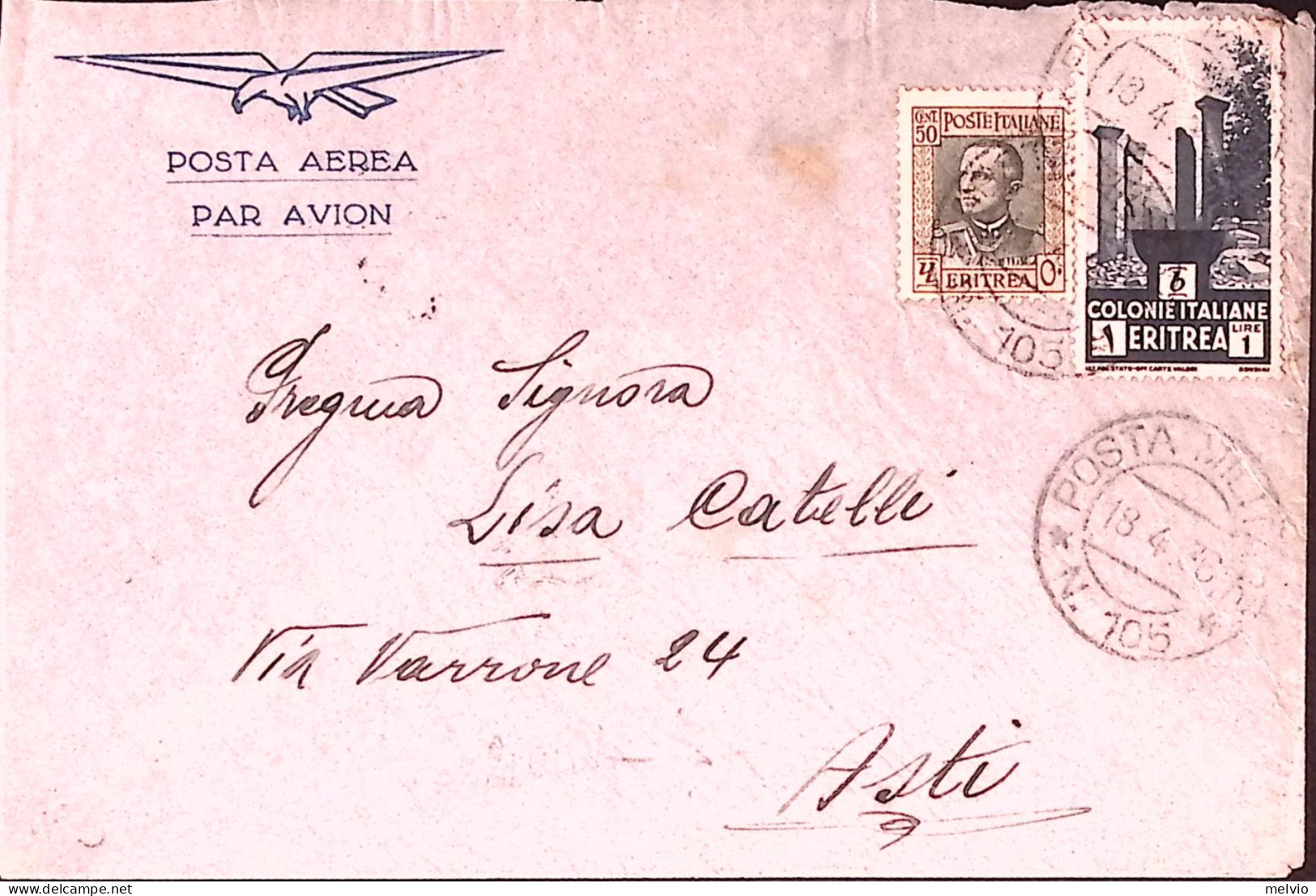 1936-Posta Militare/n.105 C.2 (18.4) Su Busta Via Aerea Affr. Eritrea C.50 E Lir - Eritrea