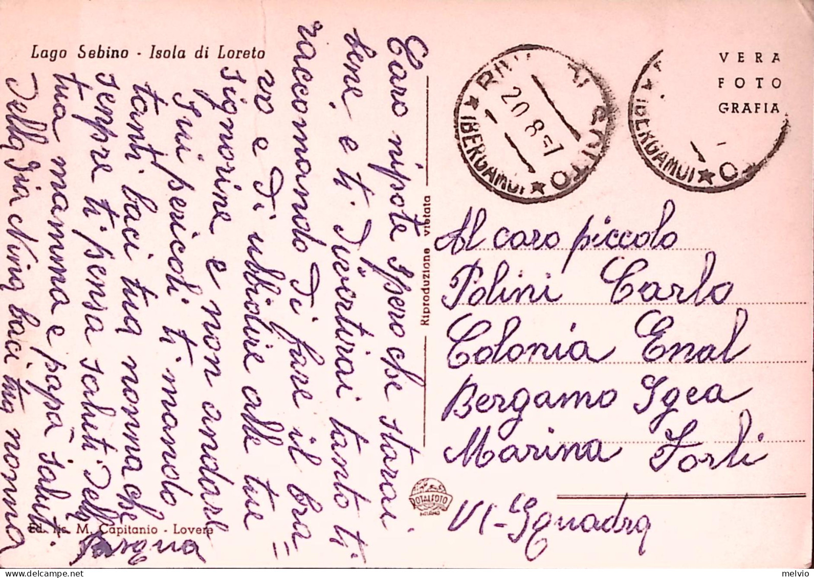 1957-LAGO SEBINO Isola Di Loreto Viaggiata Riva Di Solto (20.8) Francobollo Cadu - Bergamo