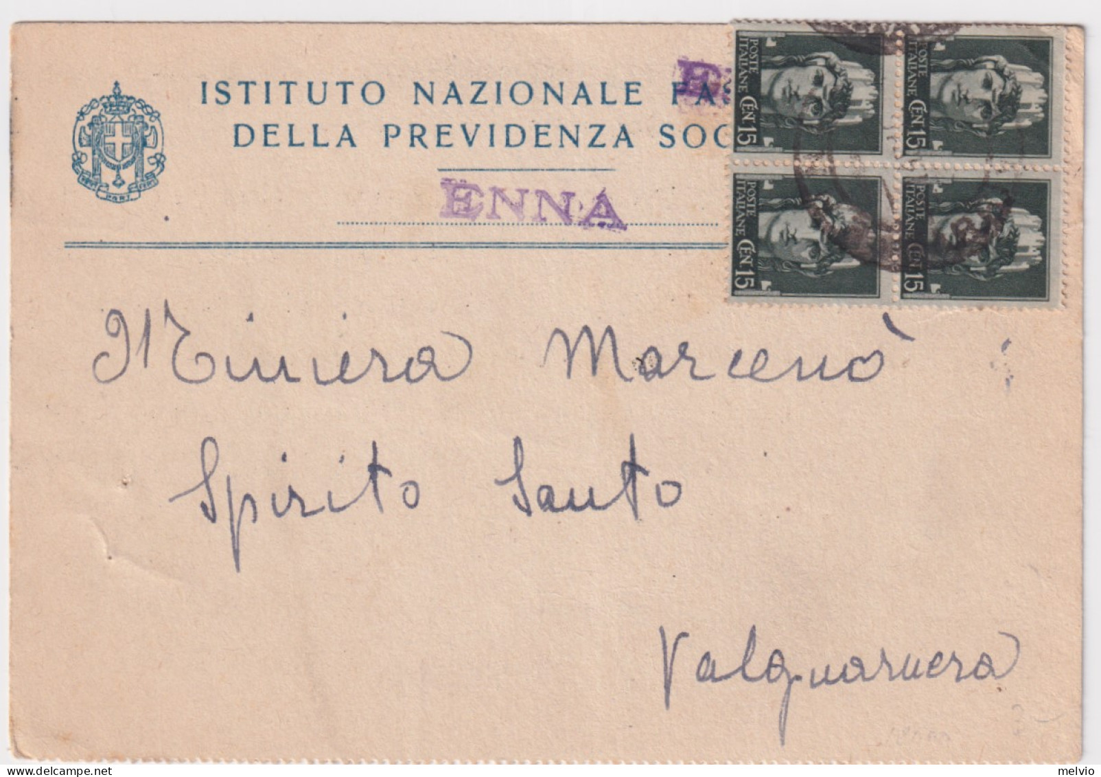 1945-Imperiale Senza Fasci Blocco Di Quattro C.15 (526) Su Cart. Ammin. Enna (9. - Marcofilie