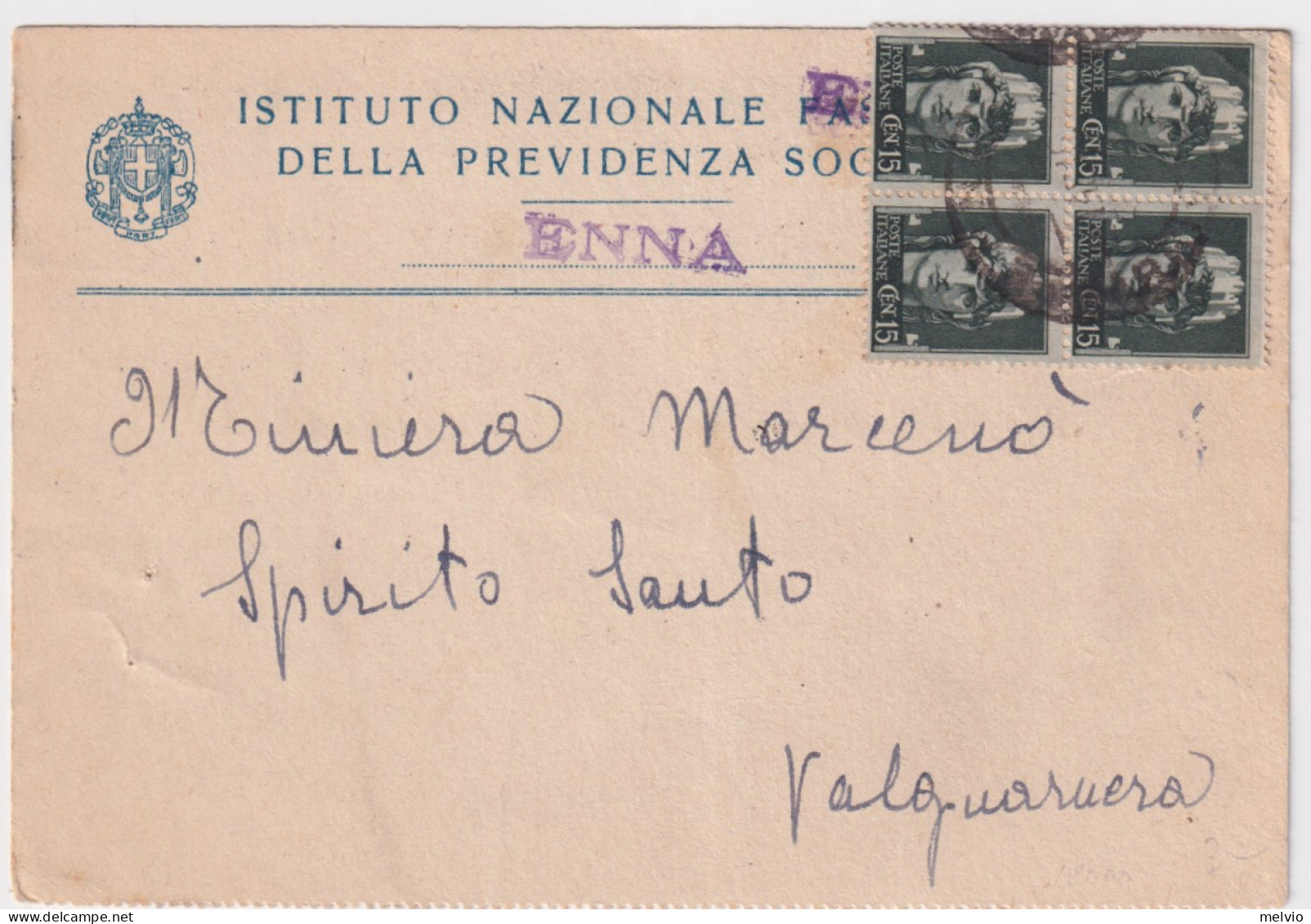 1945-Imperiale Senza Fasci Blocco Di Quattro C.15 (526) Su Cart. Ammin. Enna (9. - Marcophilia