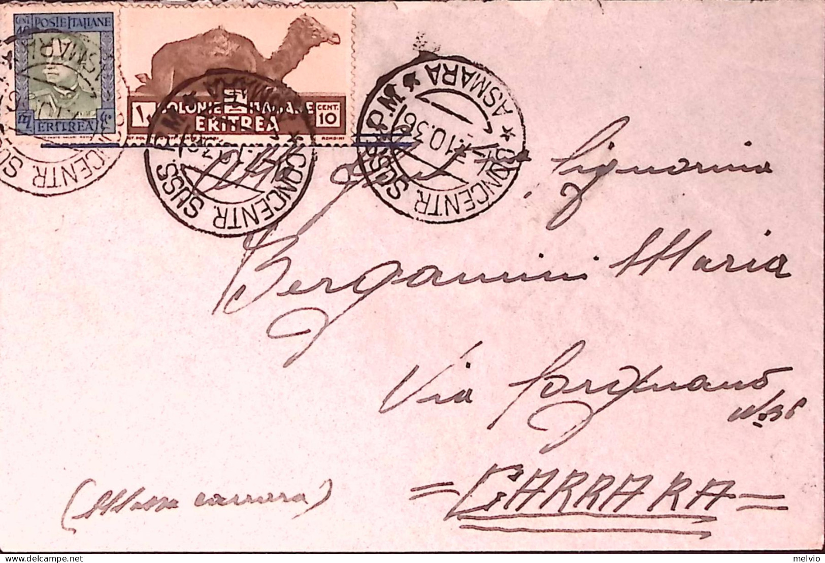 1936-CONCENTR. SUSS. P.M./ASMARA C.2 (31.10) Su Busta Affr. Eritrea C.10 E 40 - Erythrée