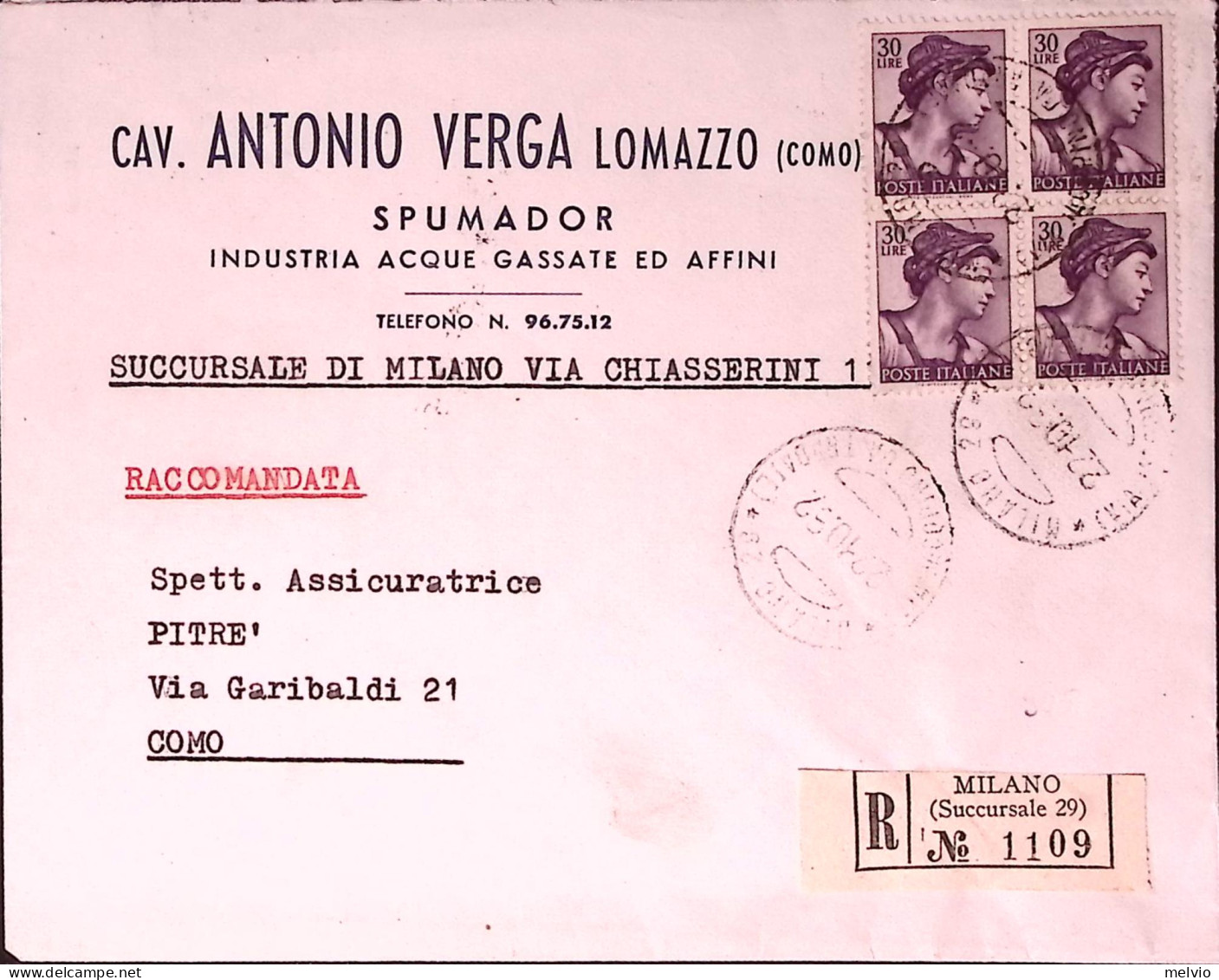 1962-Michelangiolesca Lire 30 Blocco Di 4 Su Racc. - 1961-70: Marcophilia