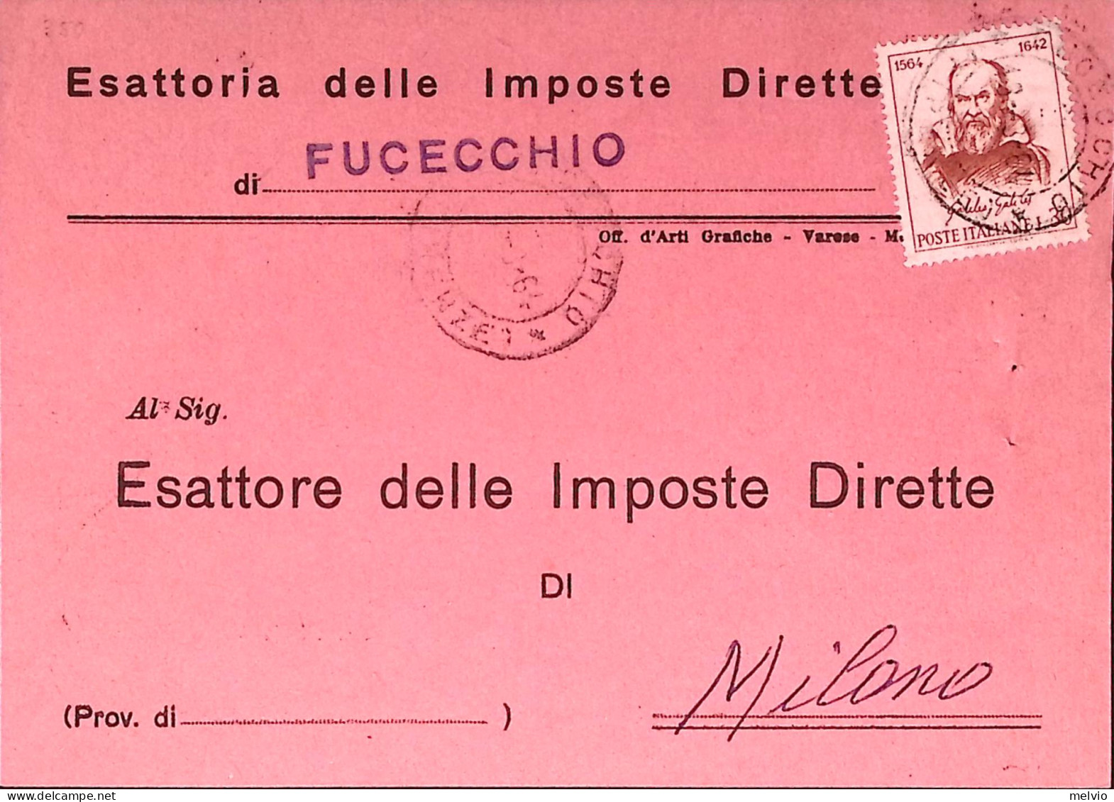 1964-GALILEI Lire 30 Isolato Su Cartolina Postale - 1961-70: Marcofilie