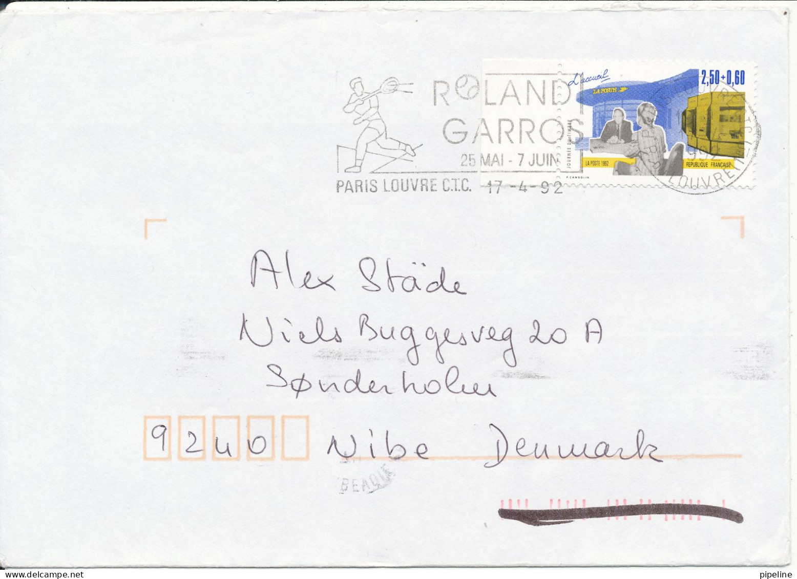 France Cover Sent To Denmark Paris (Roland Garros) 17-4-1992 Single Franked - Lettres & Documents