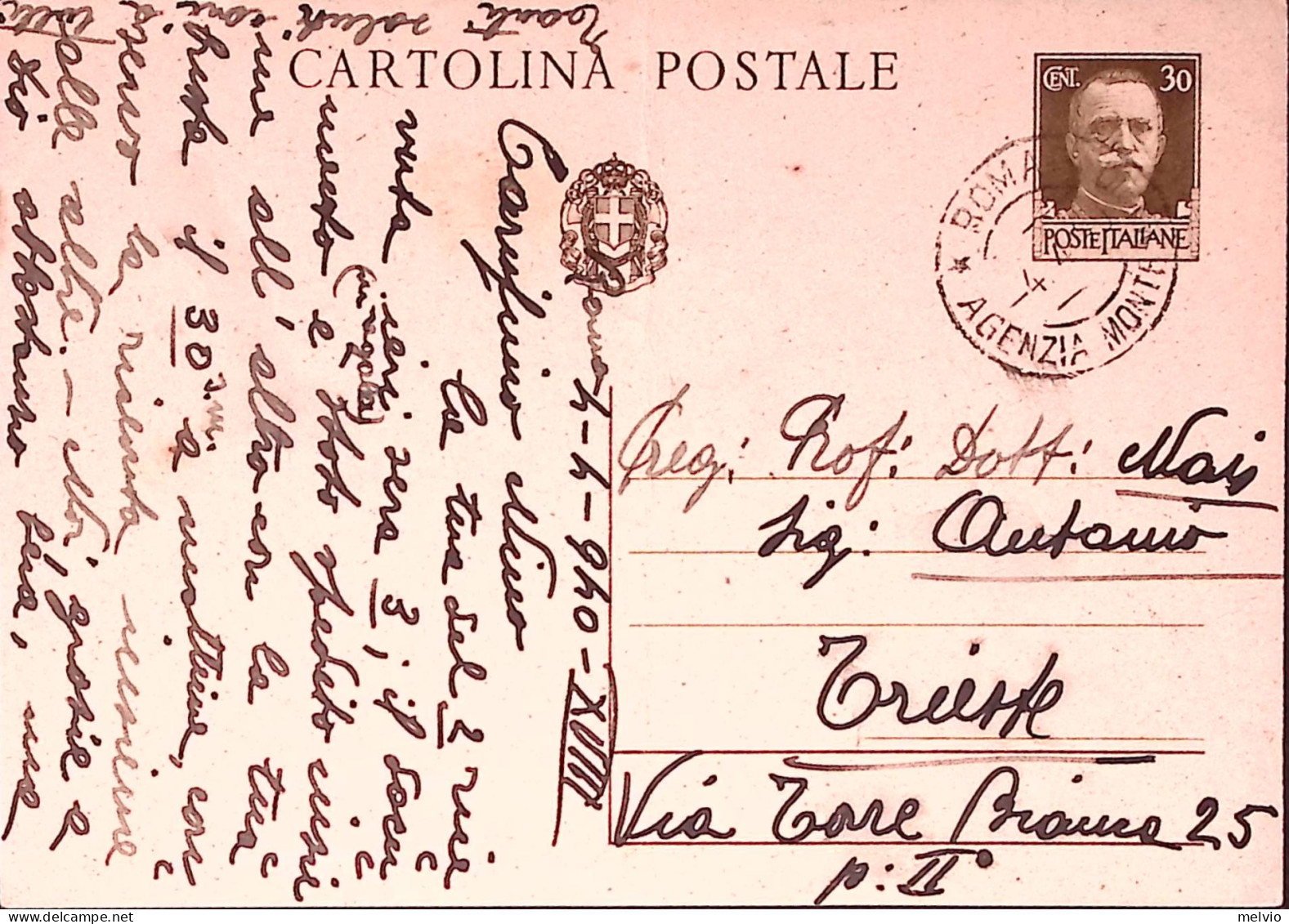 1940-Roma/Agenzia Montemario C.2 (4.4) Su Cartolina Postale C.30 - Entero Postal