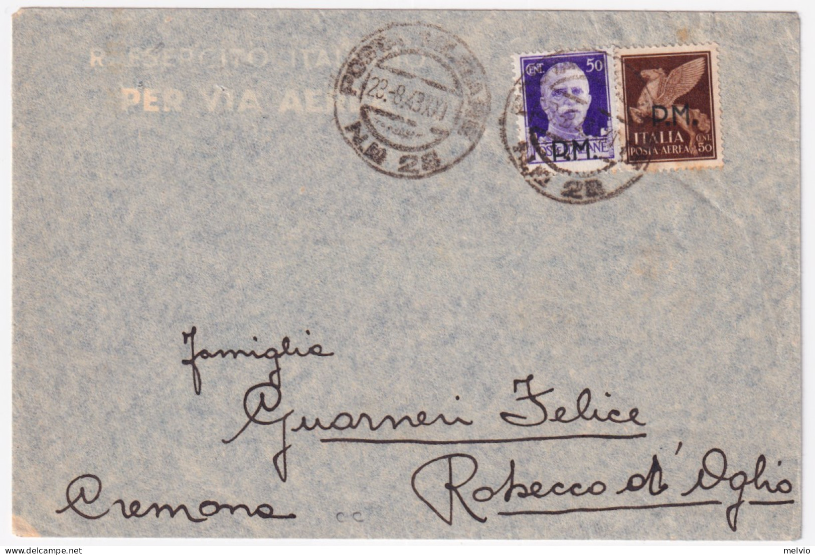 1943-Posta Militare/n.ro C.2 28 (23.08) Su Busta Via Aerea Manoscritto Al Verso  - Marcofilía