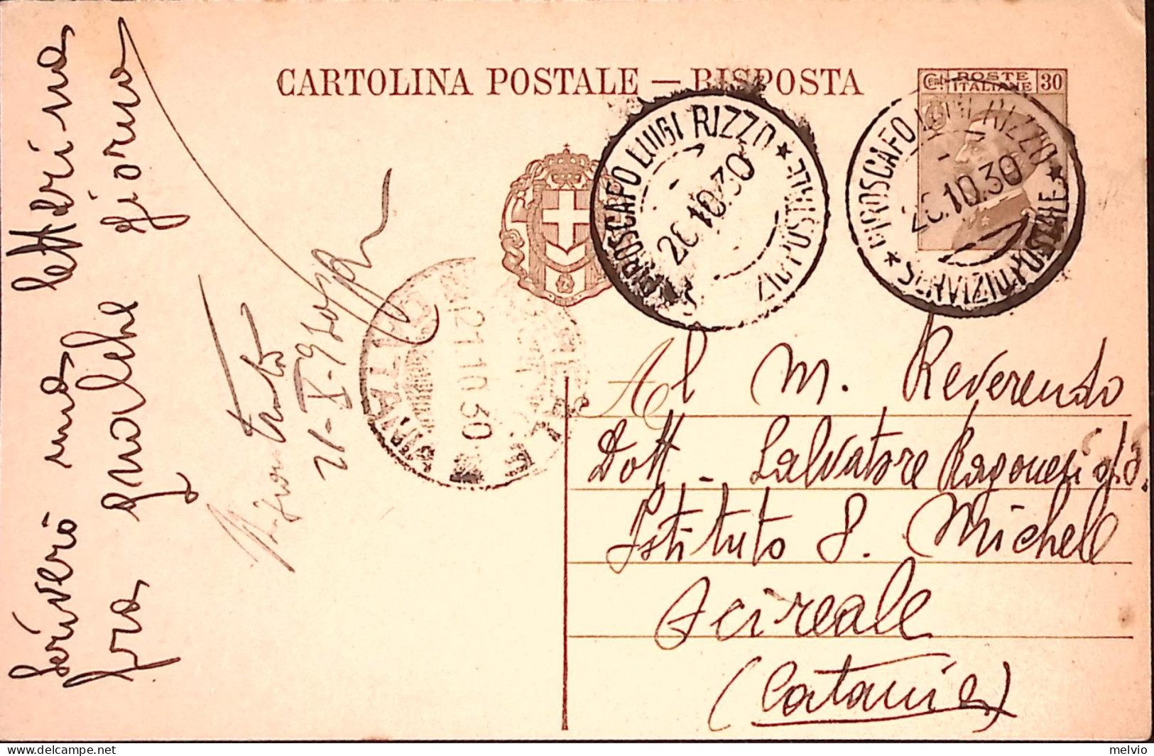 1930-PIROSCAFO LUIGI RIZZO/SERVIZIO POSTALE (20.10) Su Cartolina Postale RP C.30 - Postwaardestukken