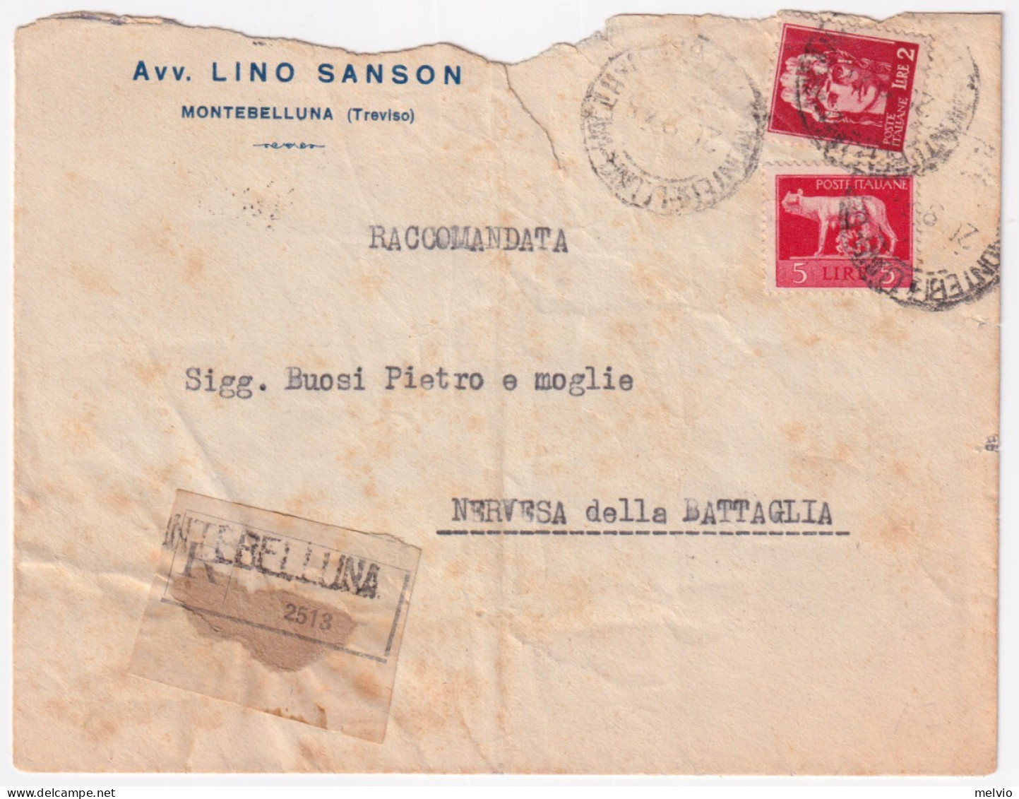 1945-Imperiale Senza Fasci Lire 2 E 5 (533/4) Su Raccomandata Montebelluna (20.9 - Marcofilía