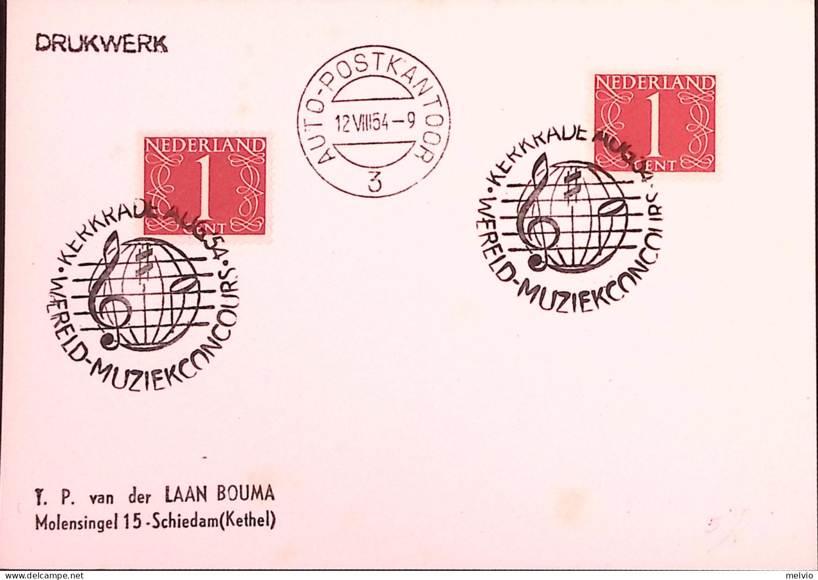1954-OLANDA NEDERLAND Concorso Musicale (12.8.54) Ann. Speciale - Postal History