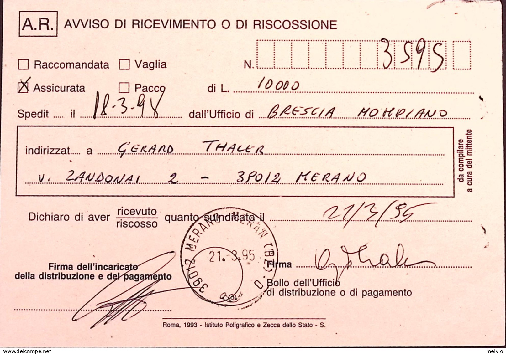 1995-I Tasso Lire 750 Scudo ND Vertic. (2075/I) Isolato Su Avviso Ricevimento. - 1991-00: Marcofilie