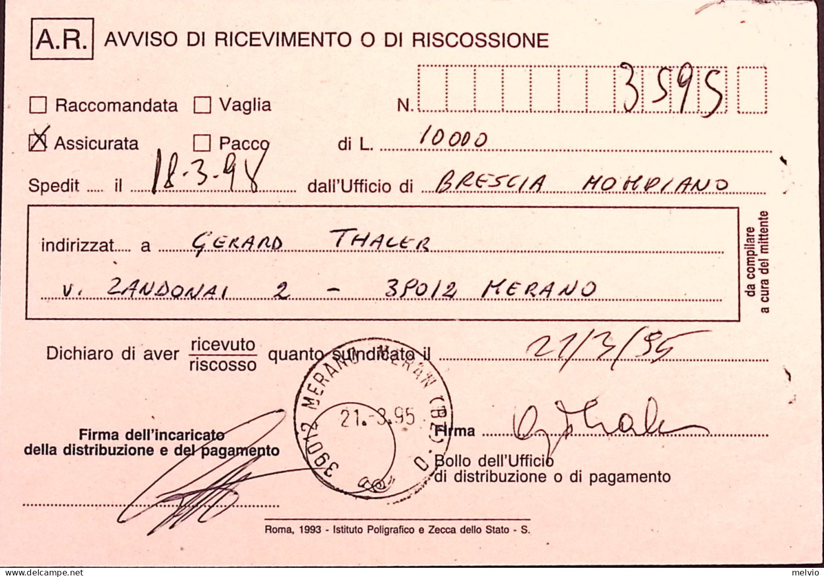 1995-I Tasso Lire 750 Scudo ND Vertic. (2075/I) Isolato Su Avviso Ricevimento. - 1991-00: Storia Postale