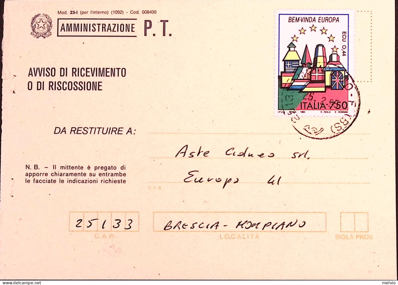 1995-Europa Unita Lire 750 Portogallo (2043) Isolato Su Avviso Ricevimento. - 1991-00: Marcophilie