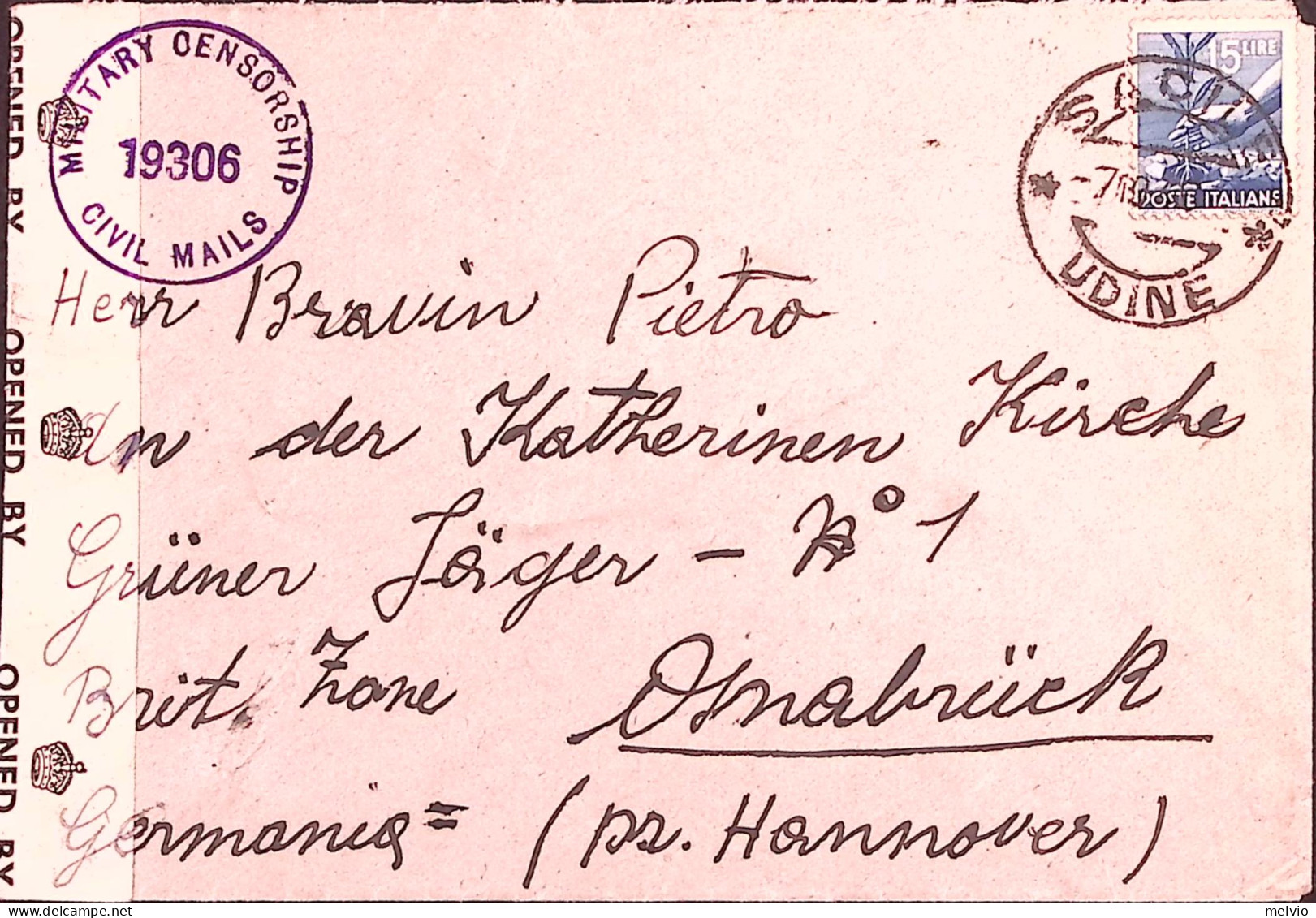 1950-Democratica Lire 15 Isolato Su Busta Per La Germania Con Timbro E Fascetta  - 1946-60: Marcofilia