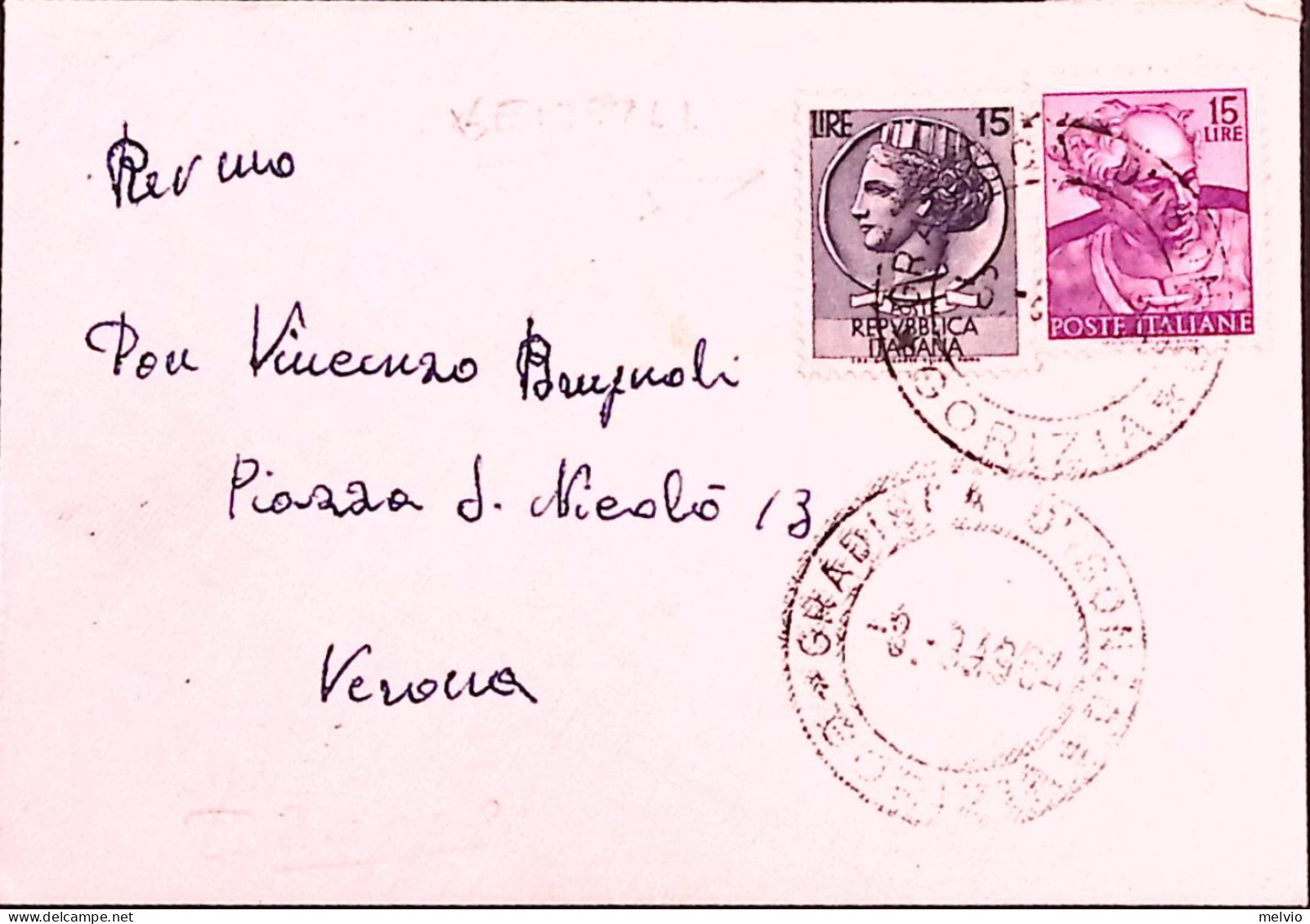 1964-Siracusana Lire 15 + Michelangiolesca Lire 15 Su Biglietti Visita. VALORI G - 1961-70: Poststempel