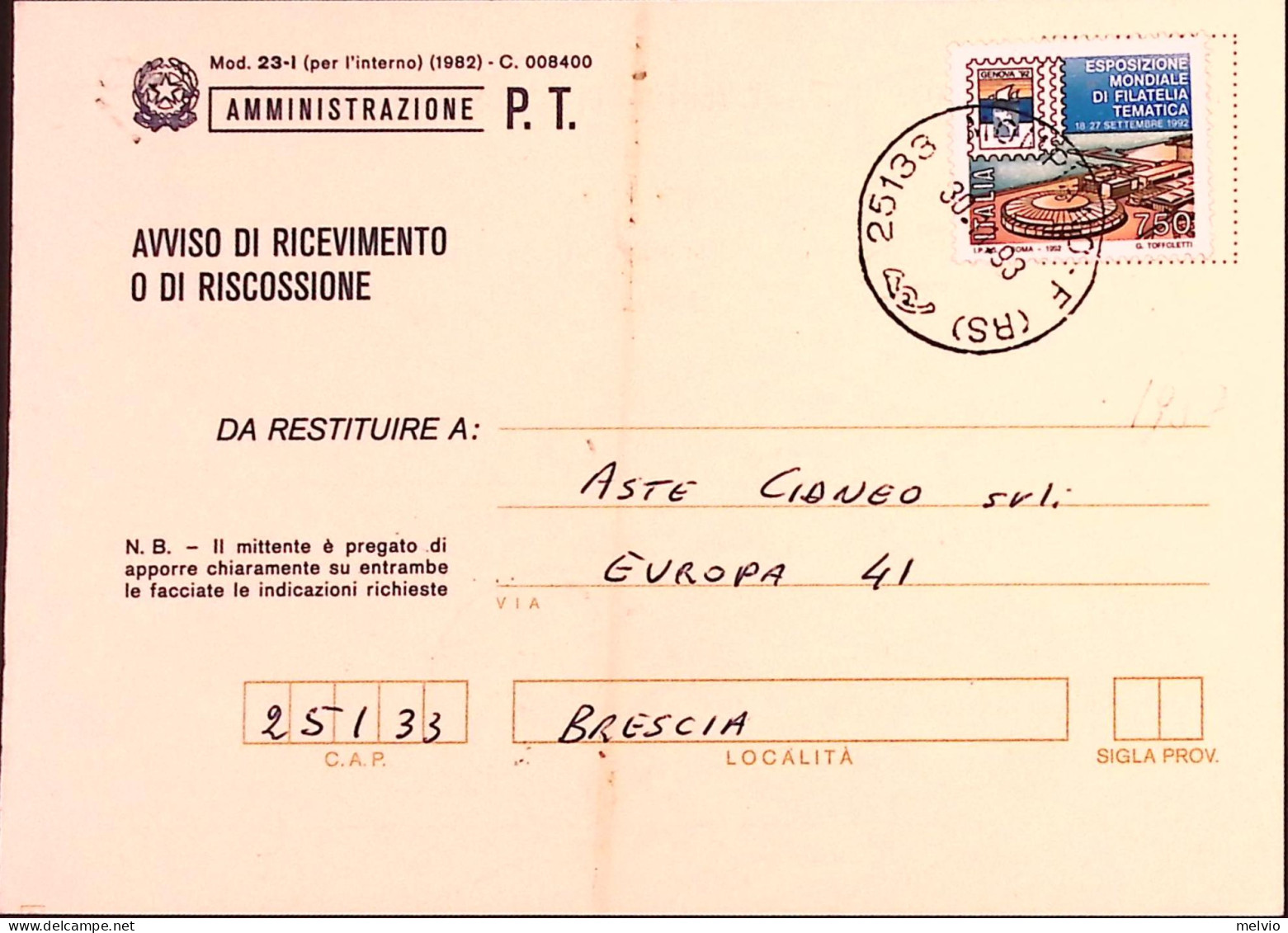 1993-Genova Esposizione Mondiale Filatelia Tematica Isolato Su Avviso Riceviment - 1991-00: Marcofilia