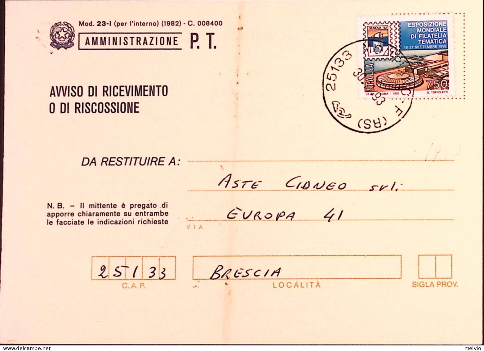 1993-Genova Esposizione Mondiale Filatelia Tematica Isolato Su Avviso Riceviment - 1991-00: Storia Postale