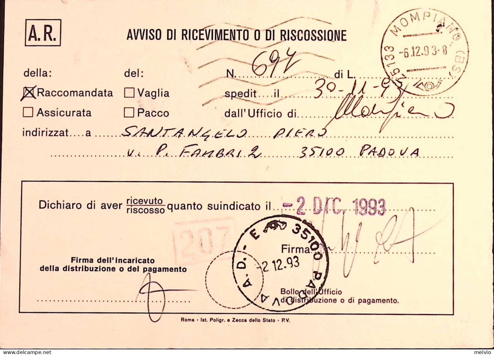 1993-Genova Esposizione Mondiale Filatelia Tematica Isolato Su Avviso Riceviment - 1991-00: Storia Postale