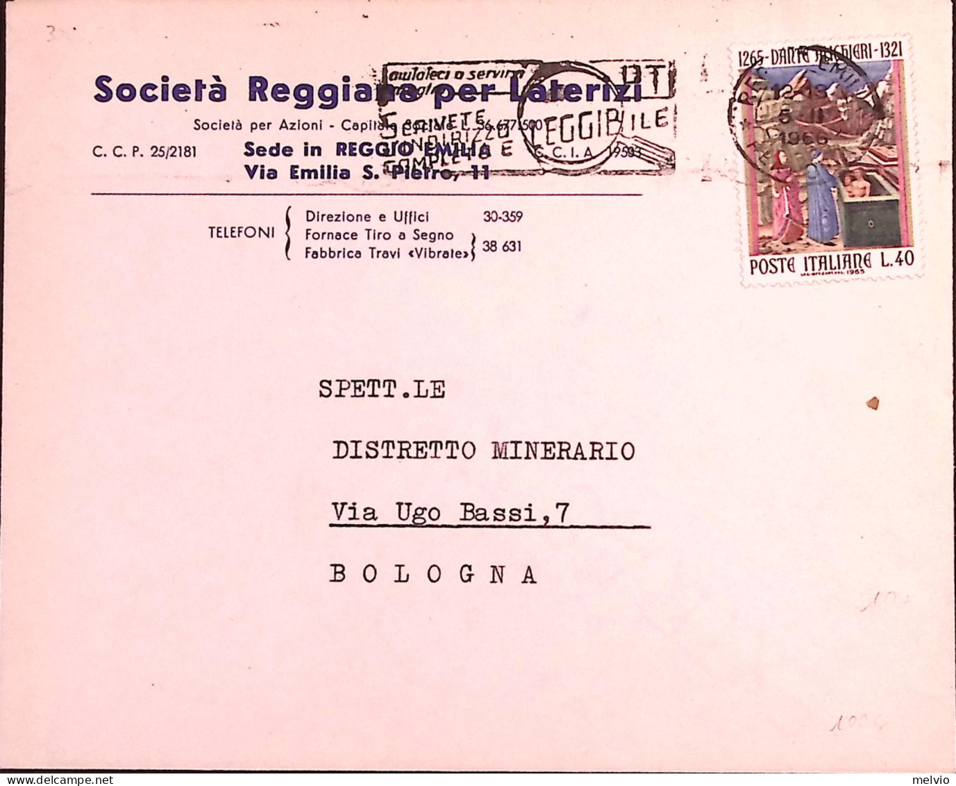 1966-DANTE Lire 40 (1004) Isolato Su Busta Intestata Societa' Reggiane Per Later - 1961-70: Marcofilie