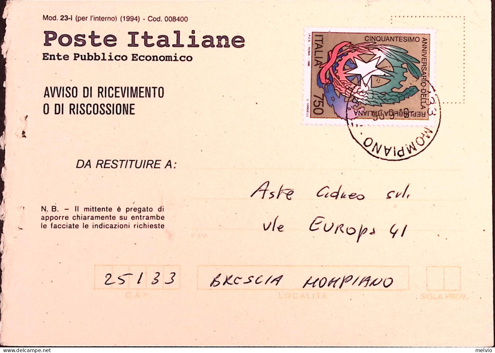 1995-50 ANN. REPUBBLICA (2222) Isolato Su Avviso Ricevimento - 1991-00: Marcophilie