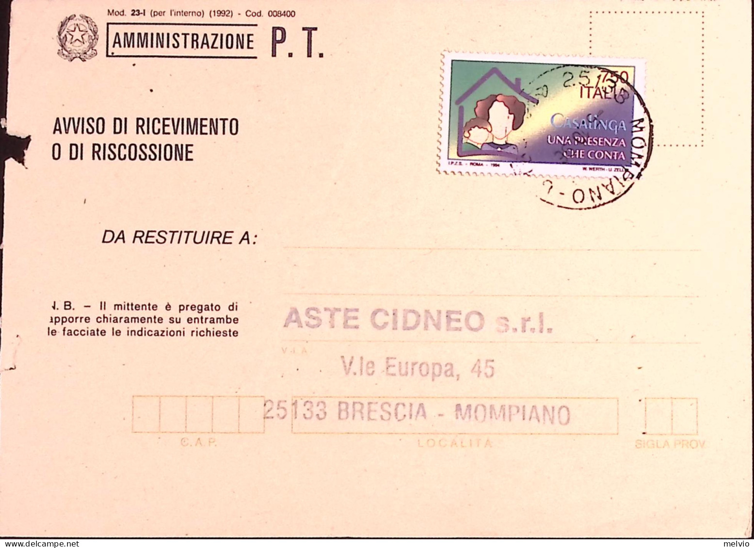 1995-CASALINGHE (2090) Isolato Su Avviso Ricevimento - 1991-00: Poststempel