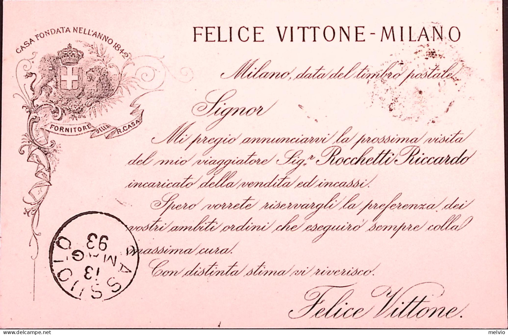 1893-FELICE VITTONE MILANO Cartolina Avviso Di Passaggio Milano (12.5) - Poststempel