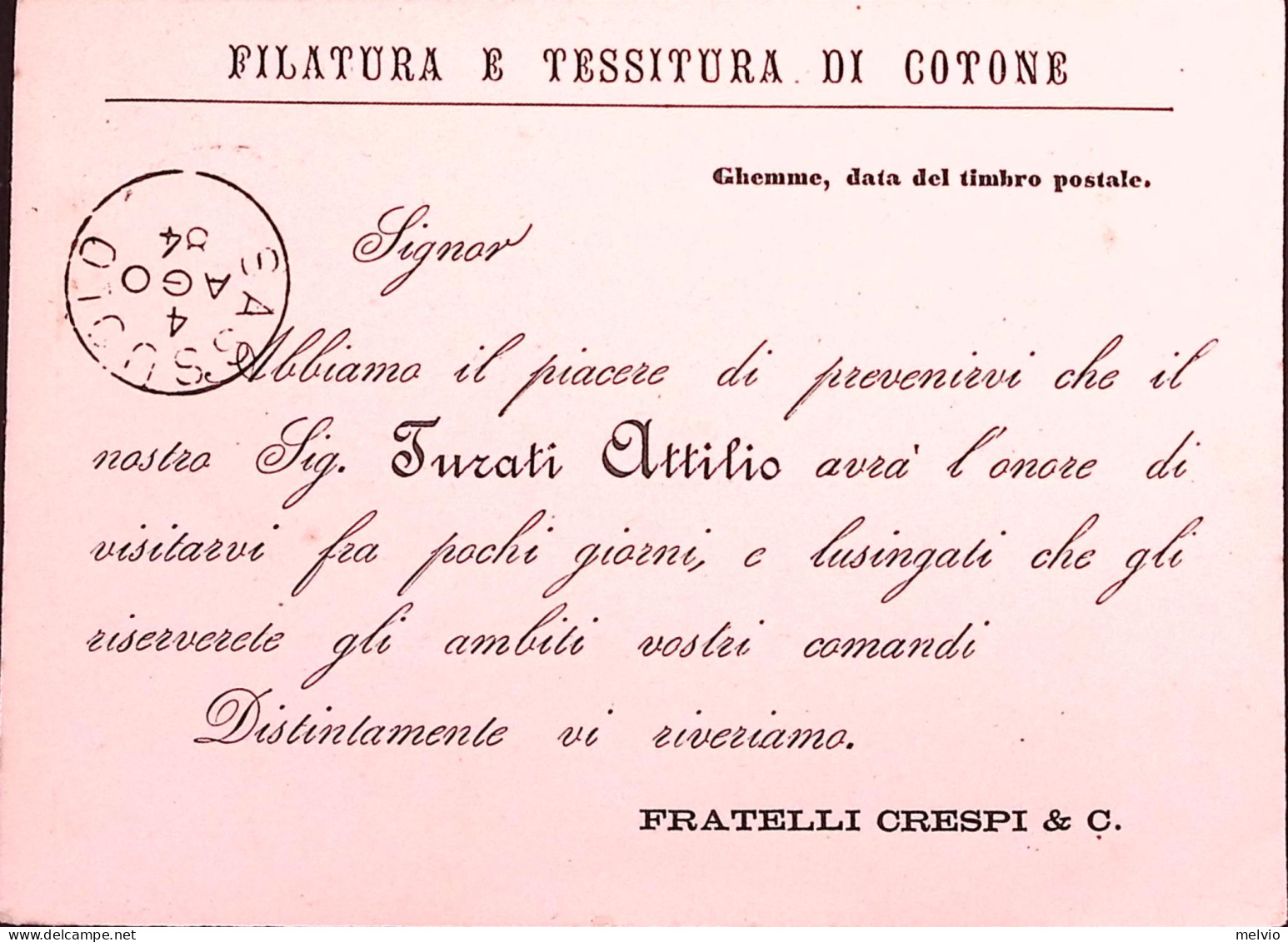 1884-FILATURA TESSITURA DI COTONE FR.LLI CRESPI Cartolina Avviso Di Passaggio Bu - Werbepostkarten