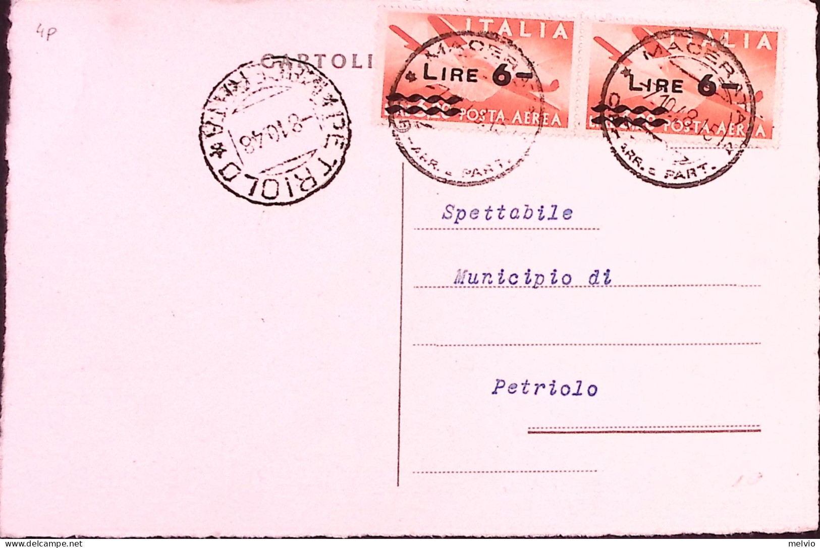 1948-Posta Aerea L.6 Soprastampato Coppia  (P.A. 135) Su Cart. Commerciale Carto - 1946-60: Marcofilia
