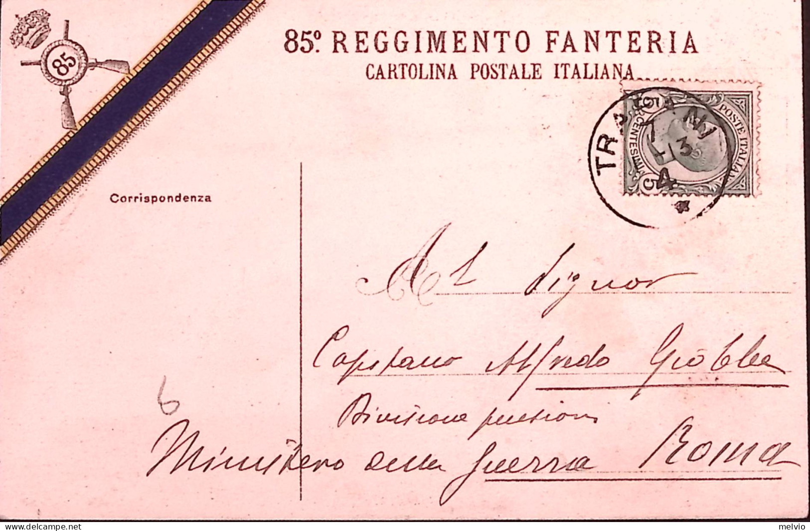 1913circa-85 REGGIMENTO FANTERIA, Viaggiata Trapani (7.1.13) - Regiments