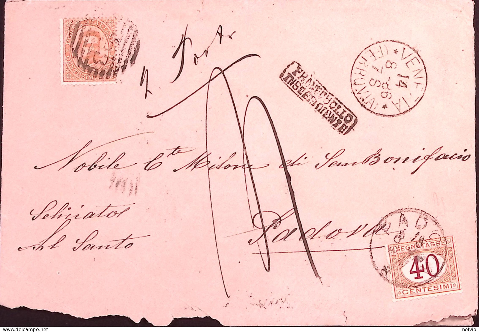 1886-Segnatasse C. 40 (24) Apposto A Padova (15.8) Su Busta Da Venezia Con Carte - Poststempel