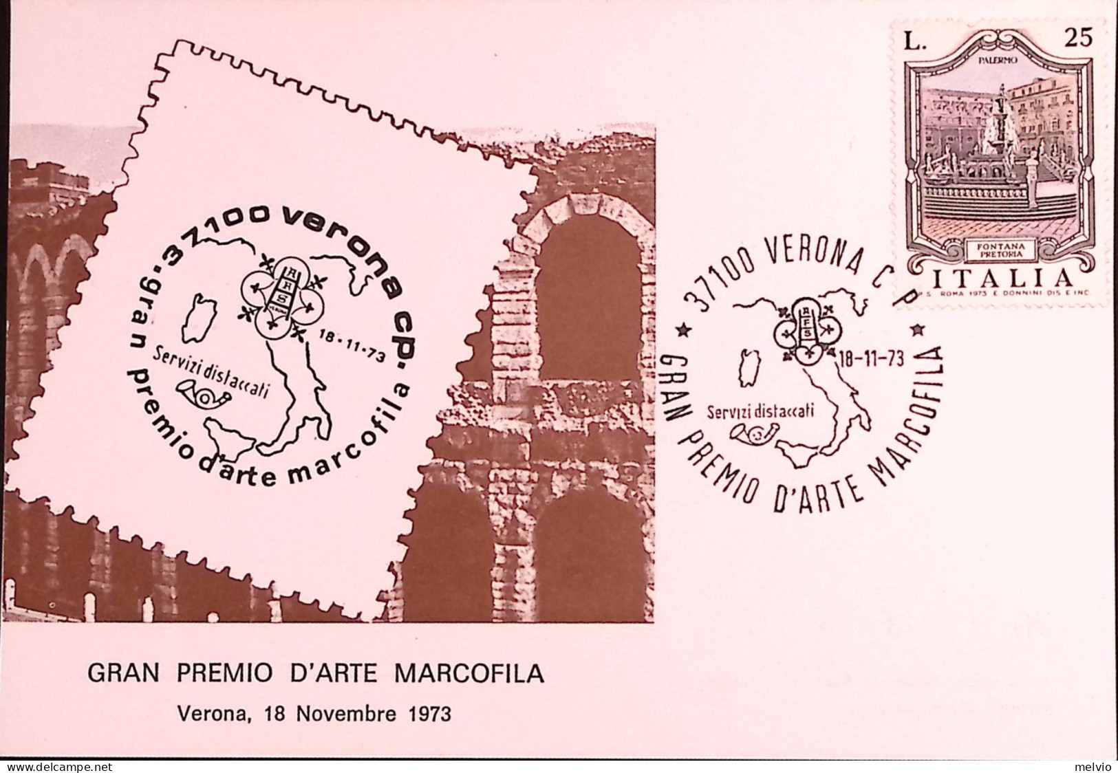 1973-VERONA GRAN PREMIO ARTE MARCOFILA (18.11) Annullo Speciale Su Cartolina - 1971-80: Marcophilia