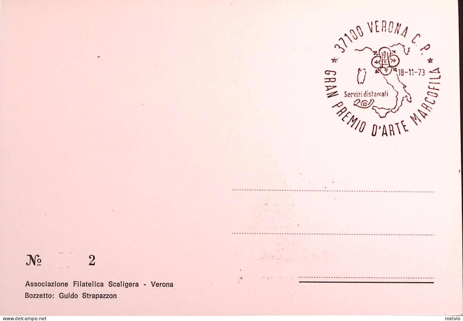 1973-VERONA GRAN PREMIO ARTE MARCOFILA (18.11) Annullo Speciale Su Cartolina - 1971-80: Marcophilia