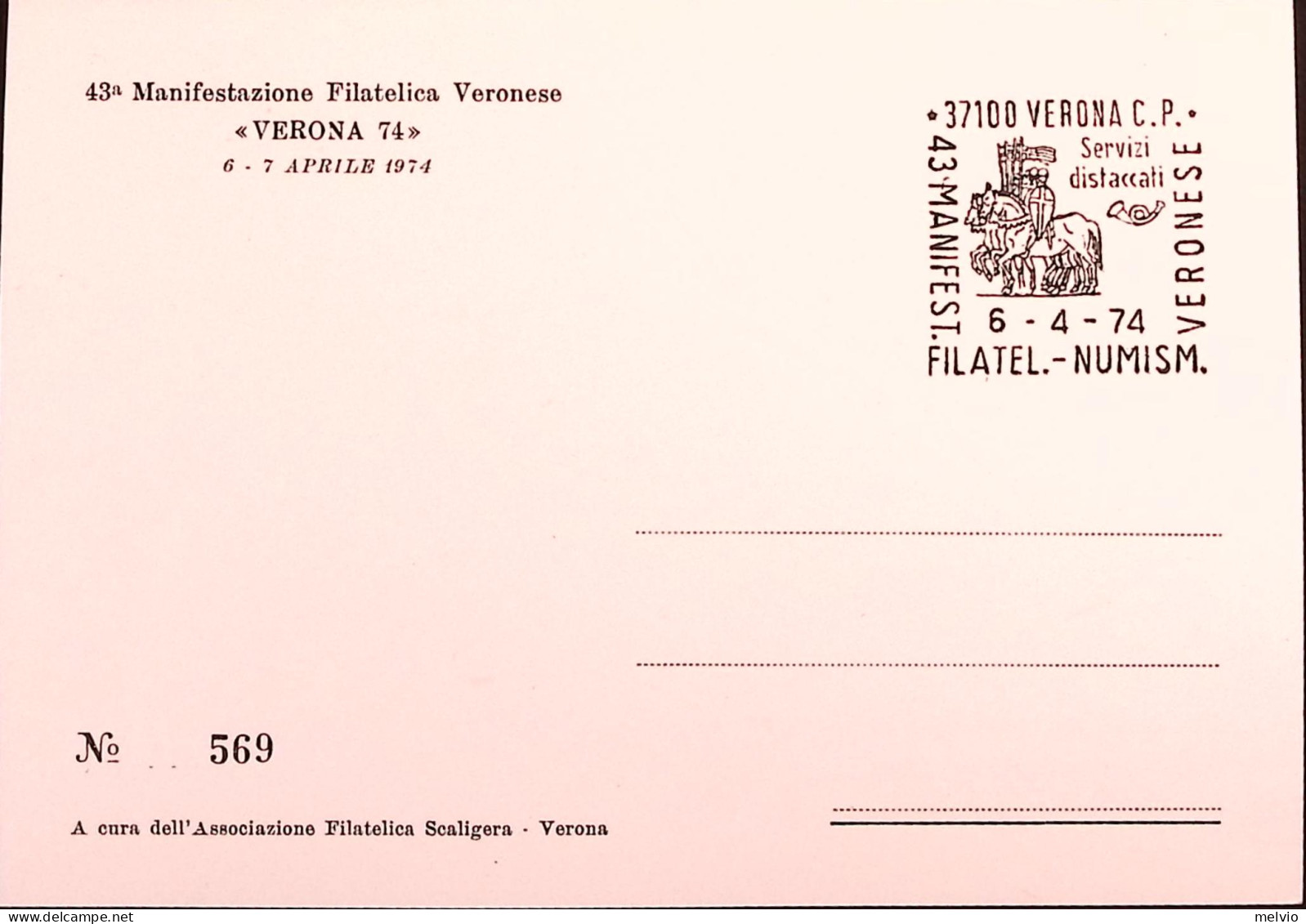 1974-VERONA 43 MANIFEST. FILATELICA (6.4) Annullo Speciale Su Cartolina - 1971-80: Marcophilie