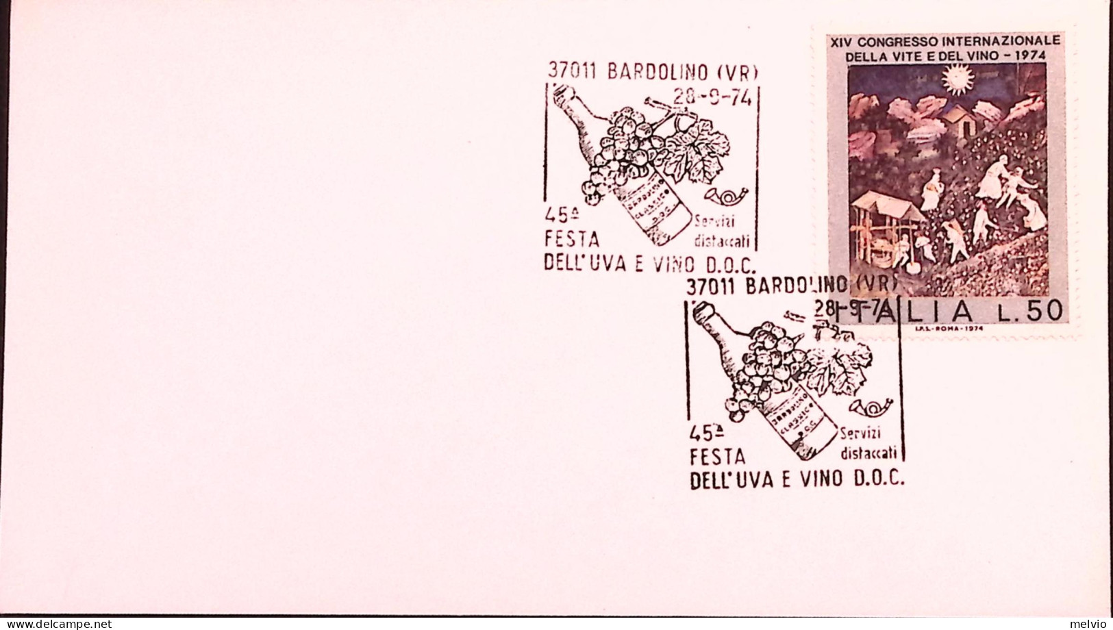 1974-BARDOLINO 45 Festa Dell'uva E Vino D.o.c. (28.9) Annullo Speciale Su Busta - 1971-80: Marcophilie