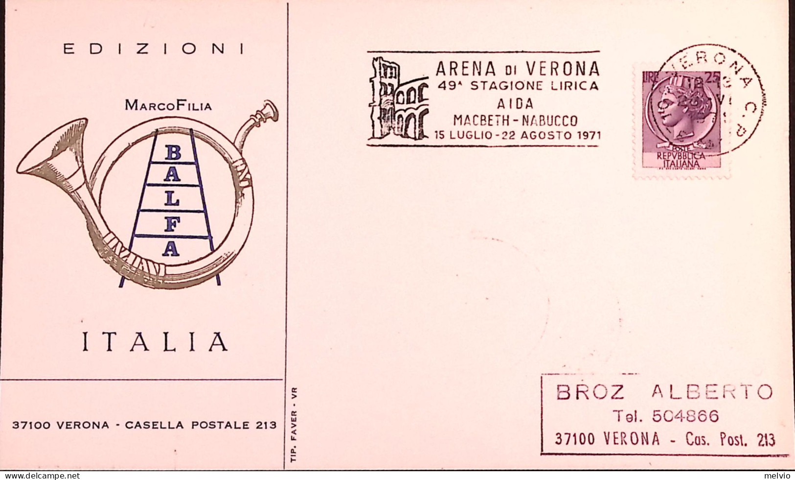 1971-VERONA ARENA 46 STAGIONE LIRICA (15.7) Annullo Speciale Su Cartolina - 1971-80: Marcophilia