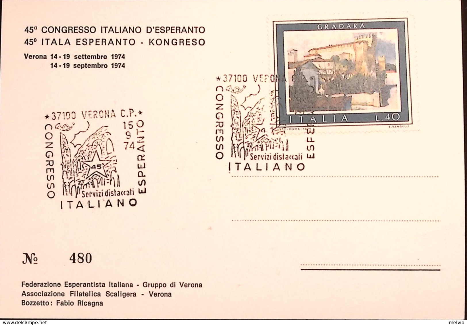 1974-VERONA Congr. Italiano Esperanto (15.9) Annullo Speciale Su Cartolina - Esperanto