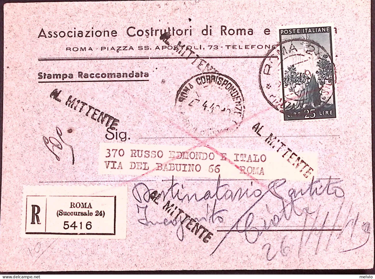 1949-Democratica Lire 25 Isolato Su Stampe Raccomandate Roma (27.4) - 1946-60: Storia Postale