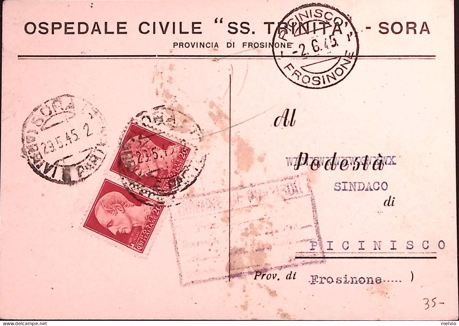 1945-Imperiale. Coppia C.20 (247) Su Stampe Sora (29.5) - Storia Postale