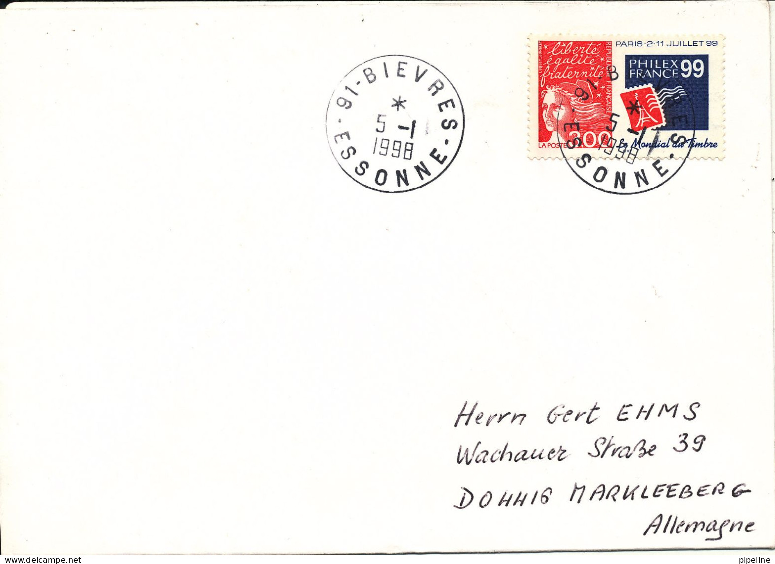 France Cover Sent To Germany Bievres Essonne 5-1-1998 Single Franked Philex France 99 - Covers & Documents